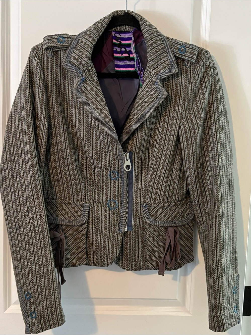 Custo Barcelona Striped Grey-Brown wool detailed back Zip Blazer